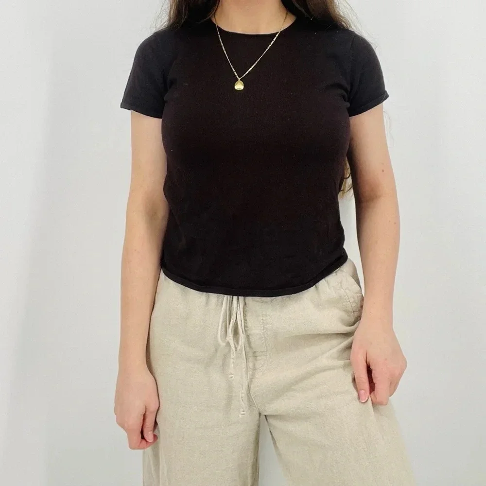 eileen fisher 100% wool mocha brown minimalist top shortsleeve size M - Picture 2 of 8